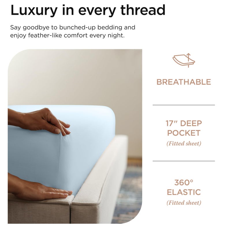 Threadmill ملاءات سرير مقاس كينج من Threadmill Supima عدد 1200 خيط، 4 قطع ملاءات سرير أمريكية فاخرة لمرتبة كينج ملاءات قطنية بجودة فندق 5 نجوم مع جيب عميق مطاطي إضافي باللون الأزرق الفاتح - Image 5